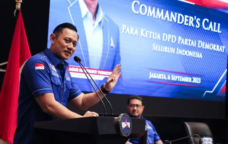 Ketua Umum Partai Demokrat Agus Harimurti Yudhoyono (AHY) berpidato di depan jajaran ketua DPD Partai Demokrat di Kantor DPP Partai Demokrat, Jakarta, Rabu (06/09/2023). (Foto: X/Twitter @AgusYudhoyono)